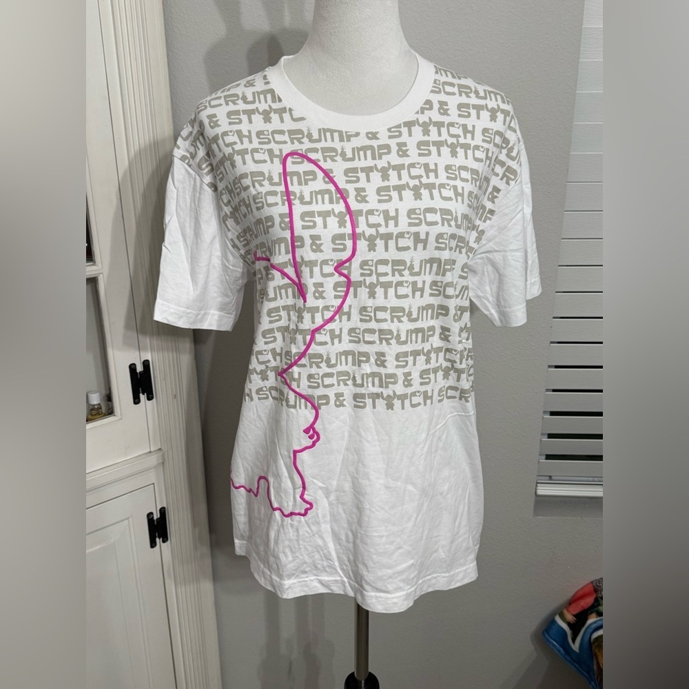 Disneyland - Hong Kong- White Graphic T-Shirt with Pink and Gray Stitch design